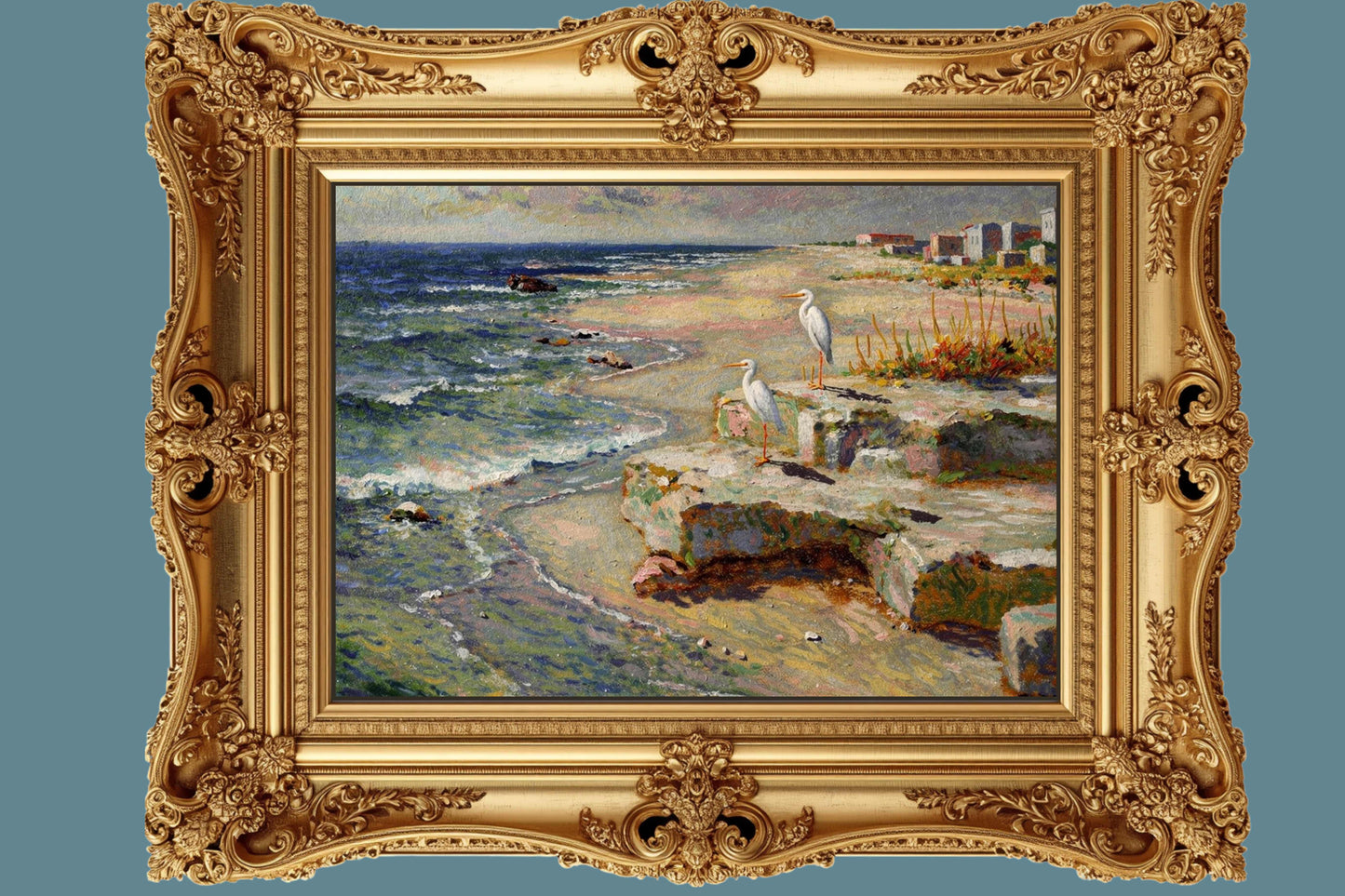 Coastal Herons – Impressionist Beach Painting, Shorebirds at the Surf, Coastal Wall Art, Giclée on Canvas, Wood, Metal & Fine Art Paper