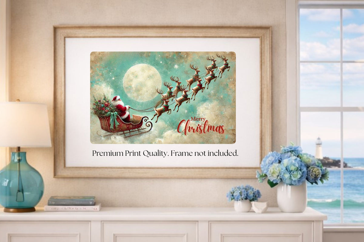 Merry Christmas to All| Santa in his Sleigh Holiday art| Prints and Canvas-Giclee Paper- Wood- Metal