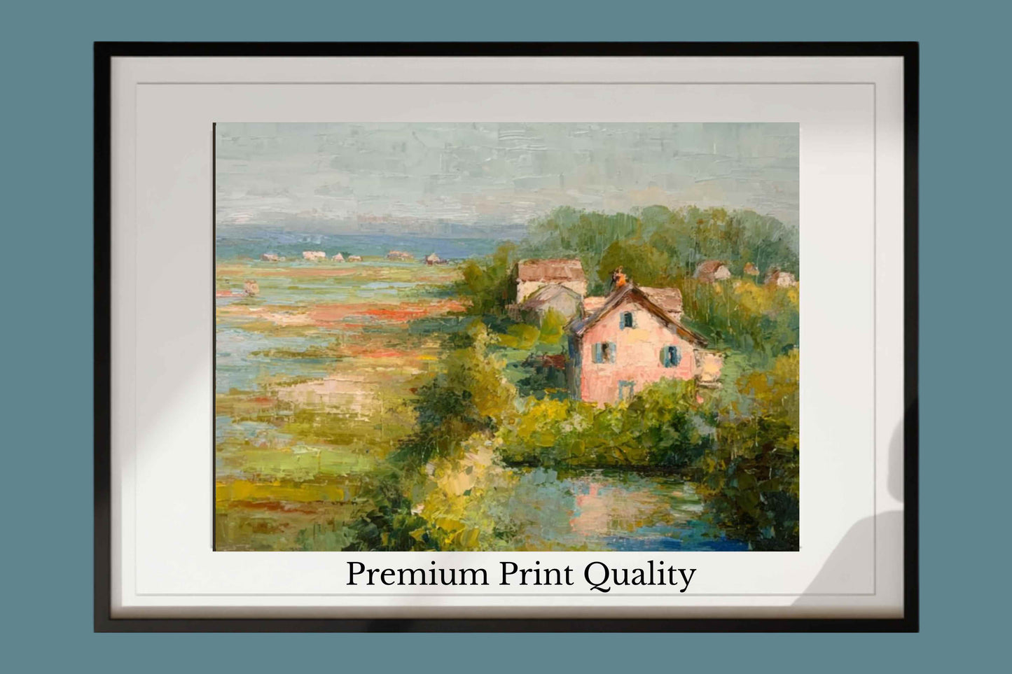 The Pink Cottage – Impressionist Marsh Cottage Painting, Coastal Wall Art, Romantic Cottage Print, Giclée on Canvas, Wood, Metal & Fine Art Paper