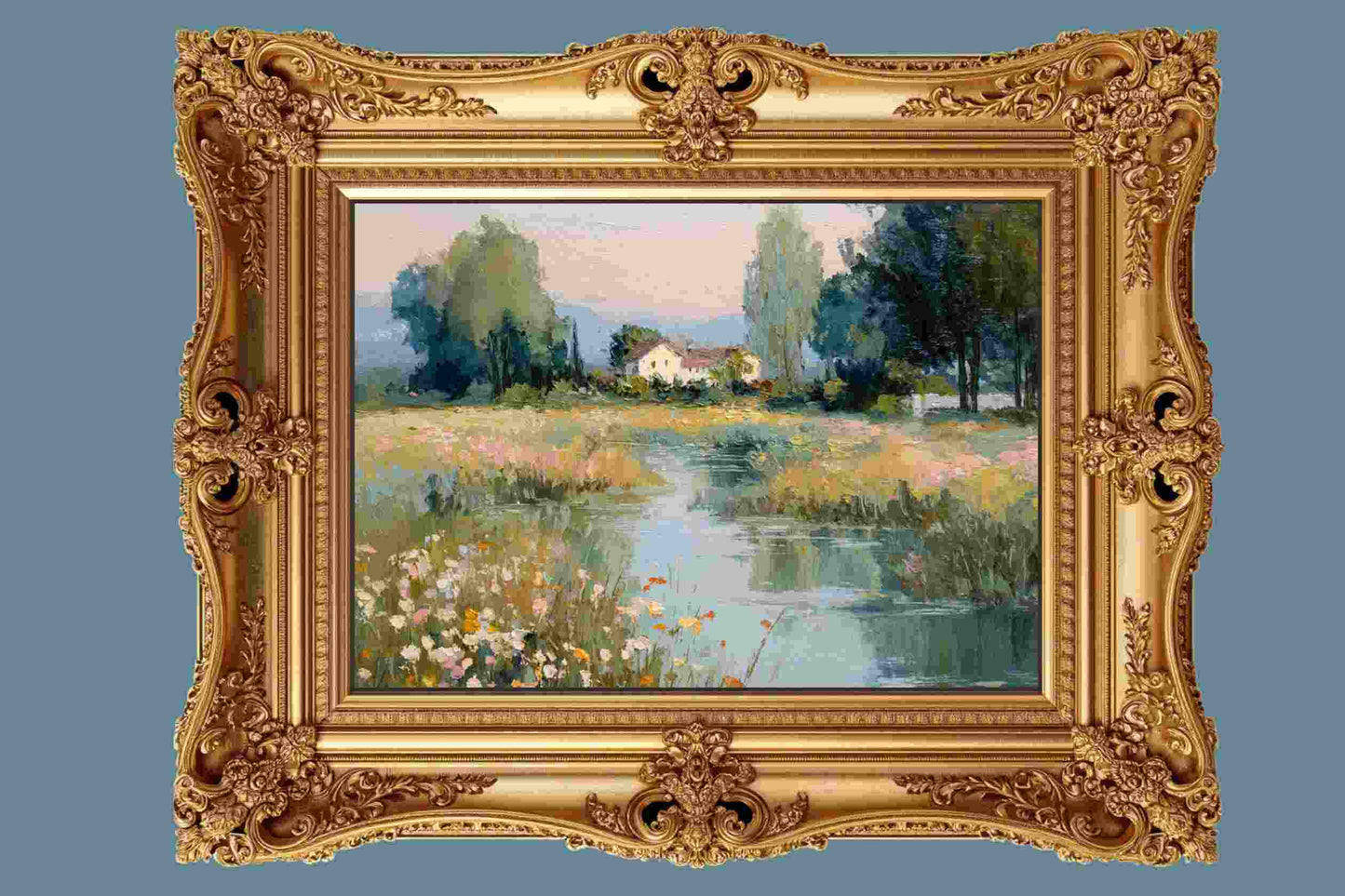 Gentle Waters Cottage – Impressionist Stream and Wildflower Painting, Cottage Garden Wall Art, Giclée on Canvas, Wood, Metal & Fine Art Paper