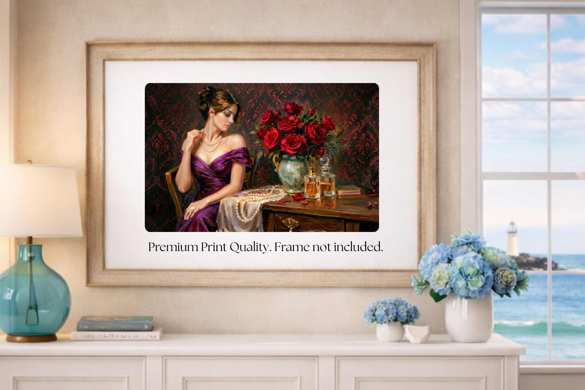 Lady of the Crimson Roses | Elegant Woman Portrait | Vintage Victorian Wall Art | Romantic Floral Giclée Print | Elegant Woman with Roses | Vintage Portrait Wall Art | Romantic Victorian Decor | Giclée Print on Paper, Canvas, Wood & Metal