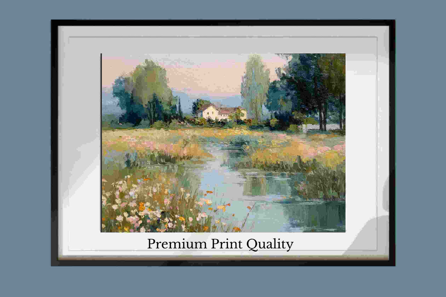 Gentle Waters Cottage – Impressionist Stream and Wildflower Painting, Cottage Garden Wall Art, Giclée on Canvas, Wood, Metal & Fine Art Paper