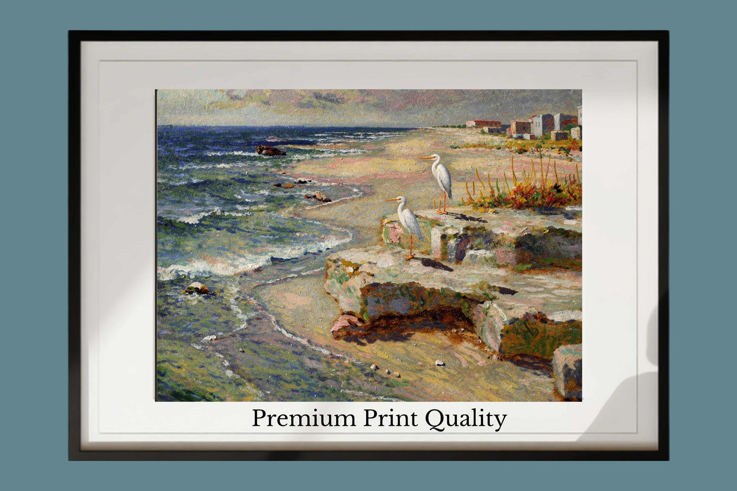 Coastal Herons – Impressionist Beach Painting, Shorebirds at the Surf, Coastal Wall Art, Giclée on Canvas, Wood, Metal & Fine Art Paper