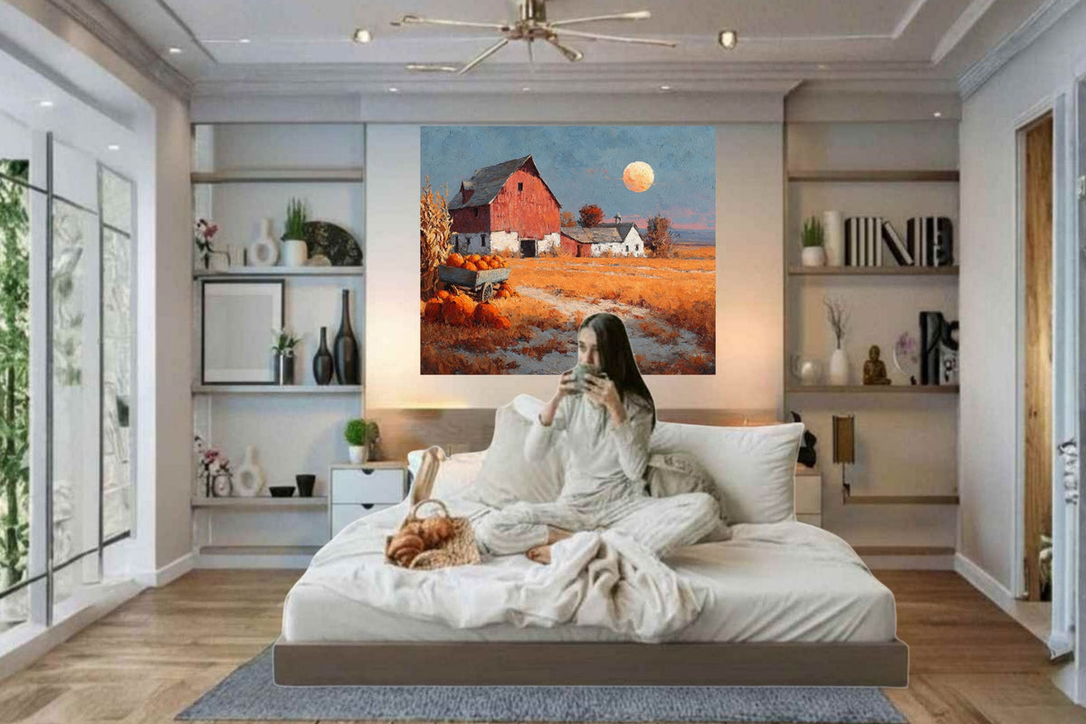 Harvest Moon at the Old Red Barn | Autumn Farmhouse Art | Prints, Canvas, Wood, or Metal
