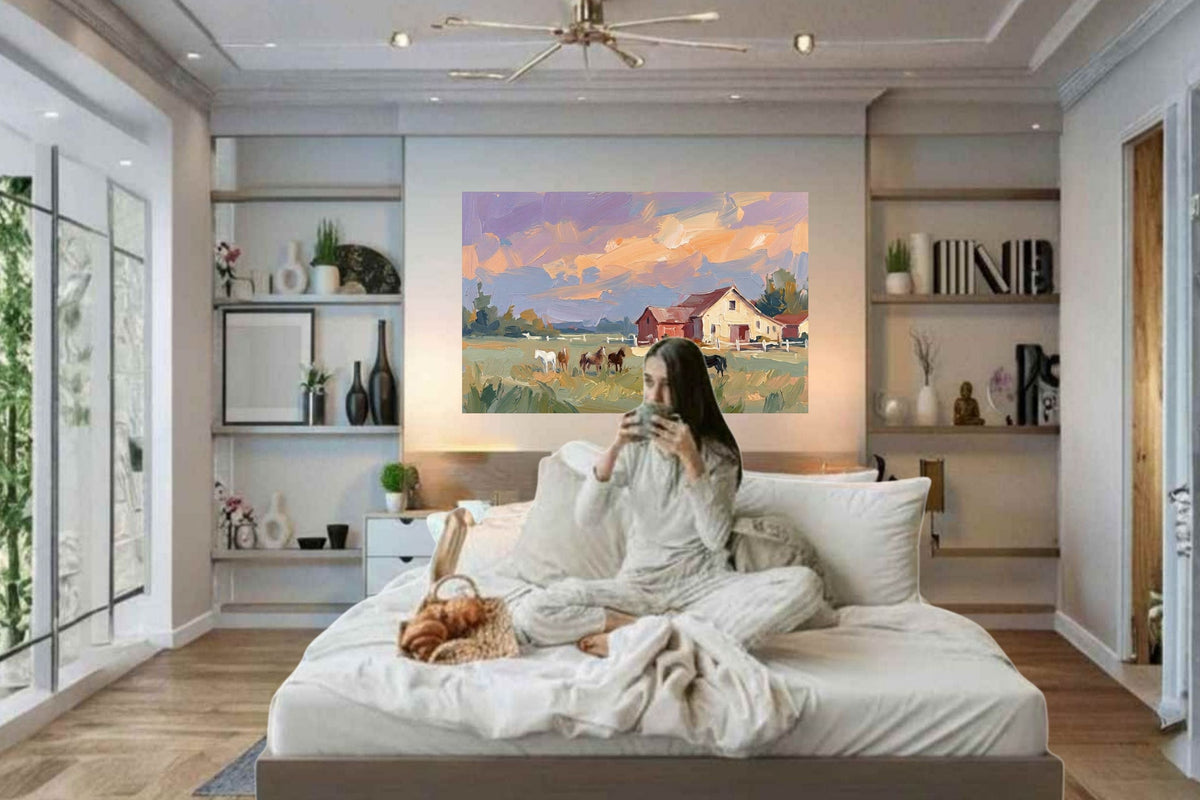 Spring Morning Stables |Pastel Impressionist Print| Horse Farm Print| Equestrian Wall Art| Giclée on Canvas, Wood, Metal, Fine Art Paper