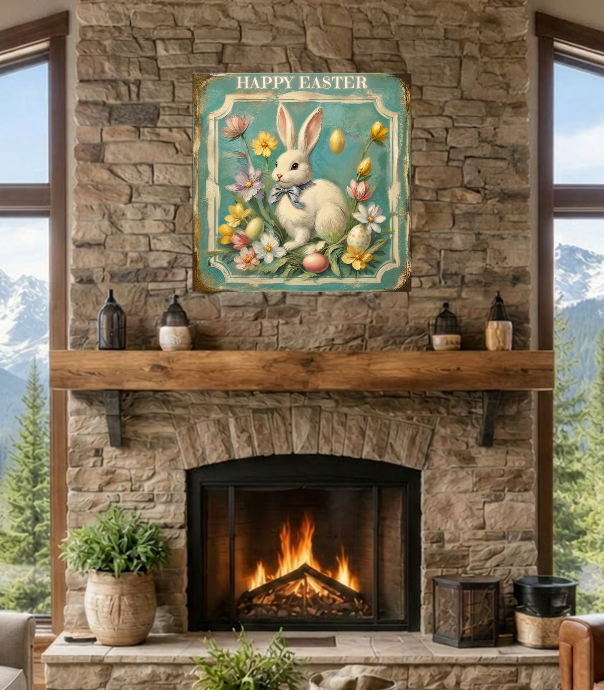 Happy Easter Bunny Art| Vintage Style Midcentury Flower Design| Giclee Paper- Wood- Metal- Canvas