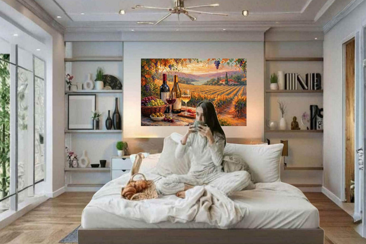 Golden Harvest Vineyard Terrace | Wine Country Sunset Landscape | Impressionist Vineyard Wall Art | Canvas Print | Giclée Paper | Wood & Metal Panels
