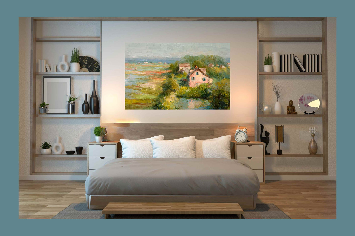 The Pink Cottage – Impressionist Marsh Cottage Painting, Coastal Wall Art, Romantic Cottage Print, Giclée on Canvas, Wood, Metal & Fine Art Paper