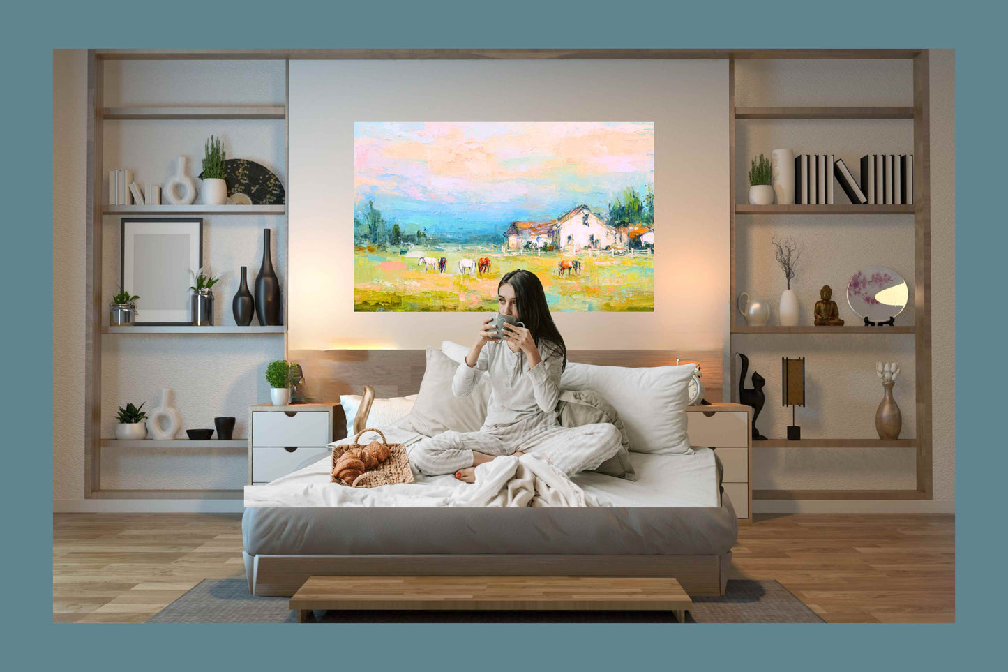 Spring Morning Stables – Pastel Impressionist Horse Farm Print, Equestrian Wall Art, Giclée on Canvas, Wood, Metal & Fine Art Paper