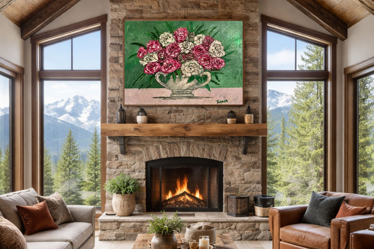 Garden's Best Arrangement | Original Teresa Johnson Floral Painting | Pink & White Roses in Vintage Pitcher | Giclée Paper • Wood • Metal • Canvas