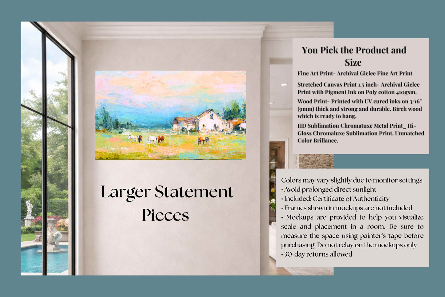 Spring Morning Stables – Pastel Impressionist Horse Farm Print, Equestrian Wall Art, Giclée on Canvas, Wood, Metal & Fine Art Paper