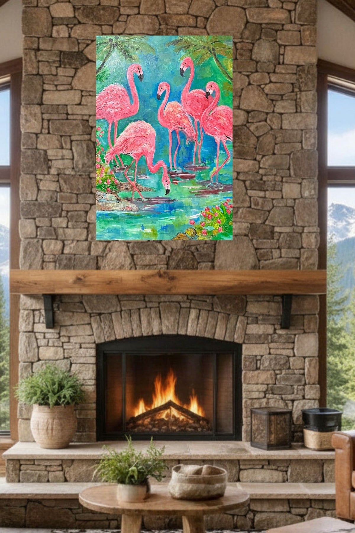 Pink Flamingo Paradise|Tropical Birds| Giclee Paper- Wood- Metal- Canvas