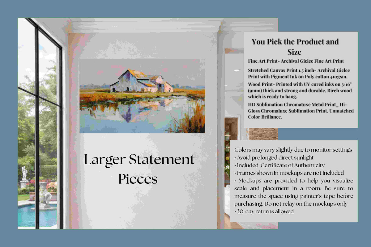 Still Water Farm | Impressionist Print| Barn Reflection Print| Farmhouse Art| Giclée on Canvas, Wood, Metal & Fine Art Paper