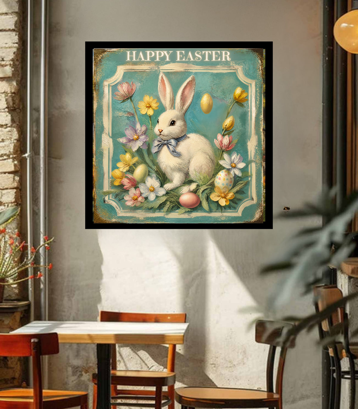 Happy Easter Bunny Art| Vintage Style Midcentury Flower Design| Giclee Paper- Wood- Metal- Canvas