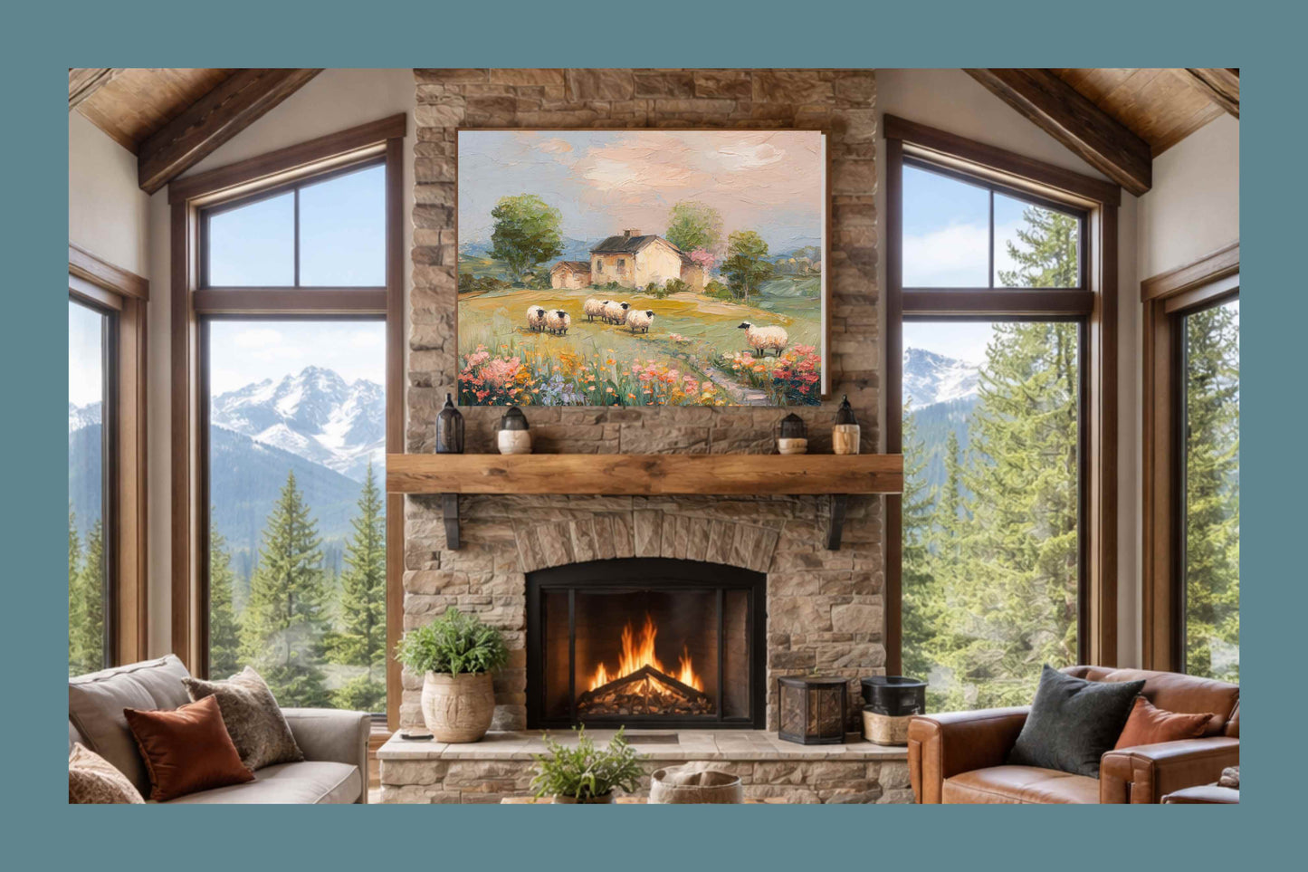 Cotswolds Sheep Farm – Impressionist English Countryside Painting, Sheep & Wildflowers Wall Art, Giclée on Canvas, Wood, Metal & Fine Art Paper