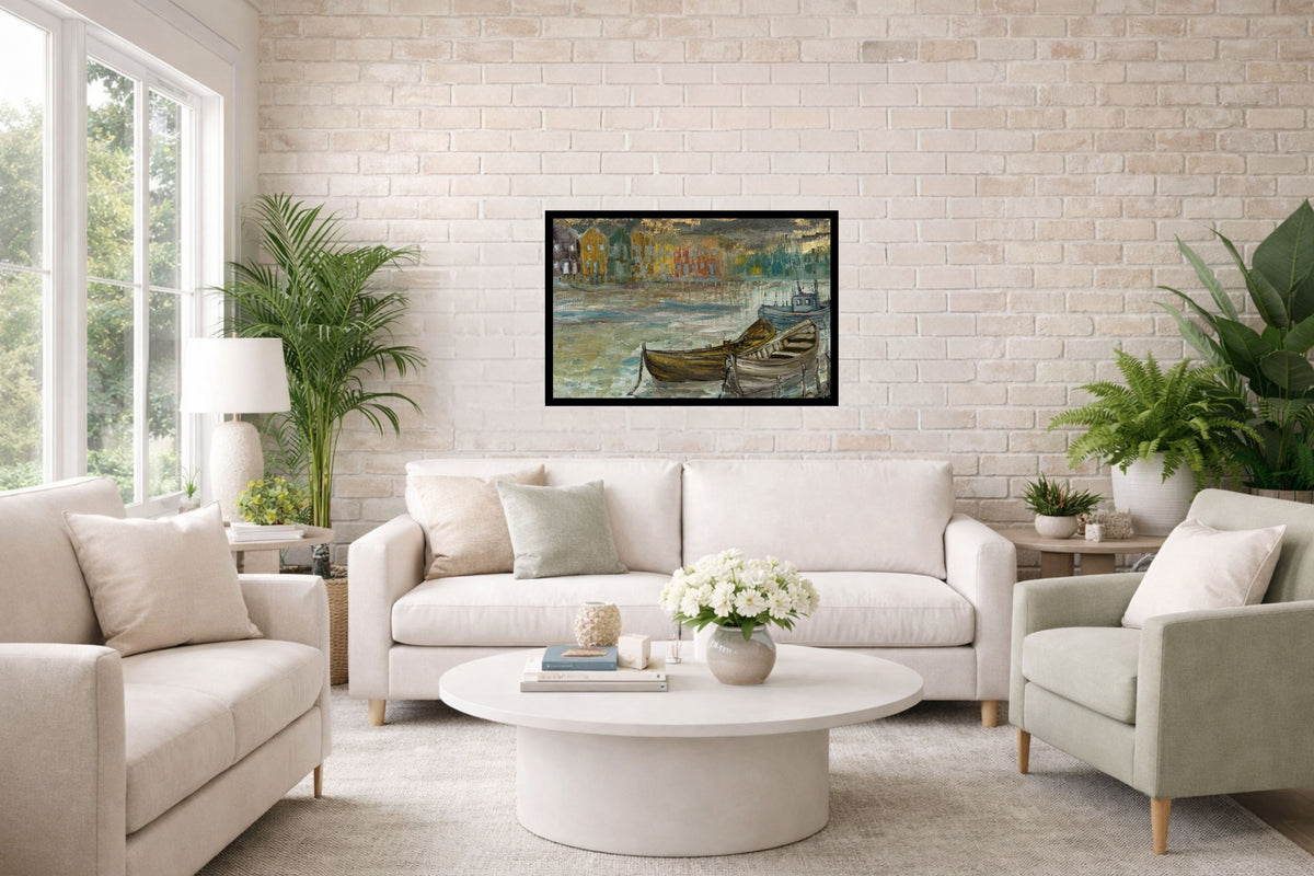 Rainy Harbor Acrylic Fishing boat Impressionist Wall Art | Original Coastal Acrylic Painting| Rainy Harbor (8x10x .5-inch) | Teresa Johnson