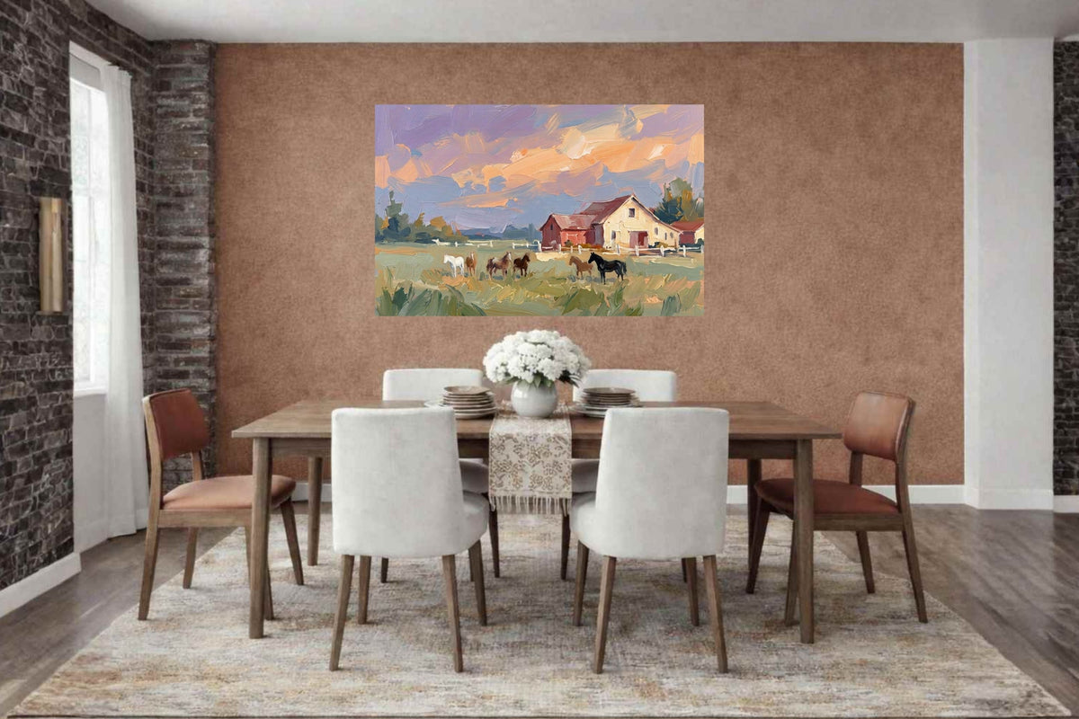 Spring Morning Stables |Pastel Impressionist Print| Horse Farm Print| Equestrian Wall Art| Giclée on Canvas, Wood, Metal, Fine Art Paper