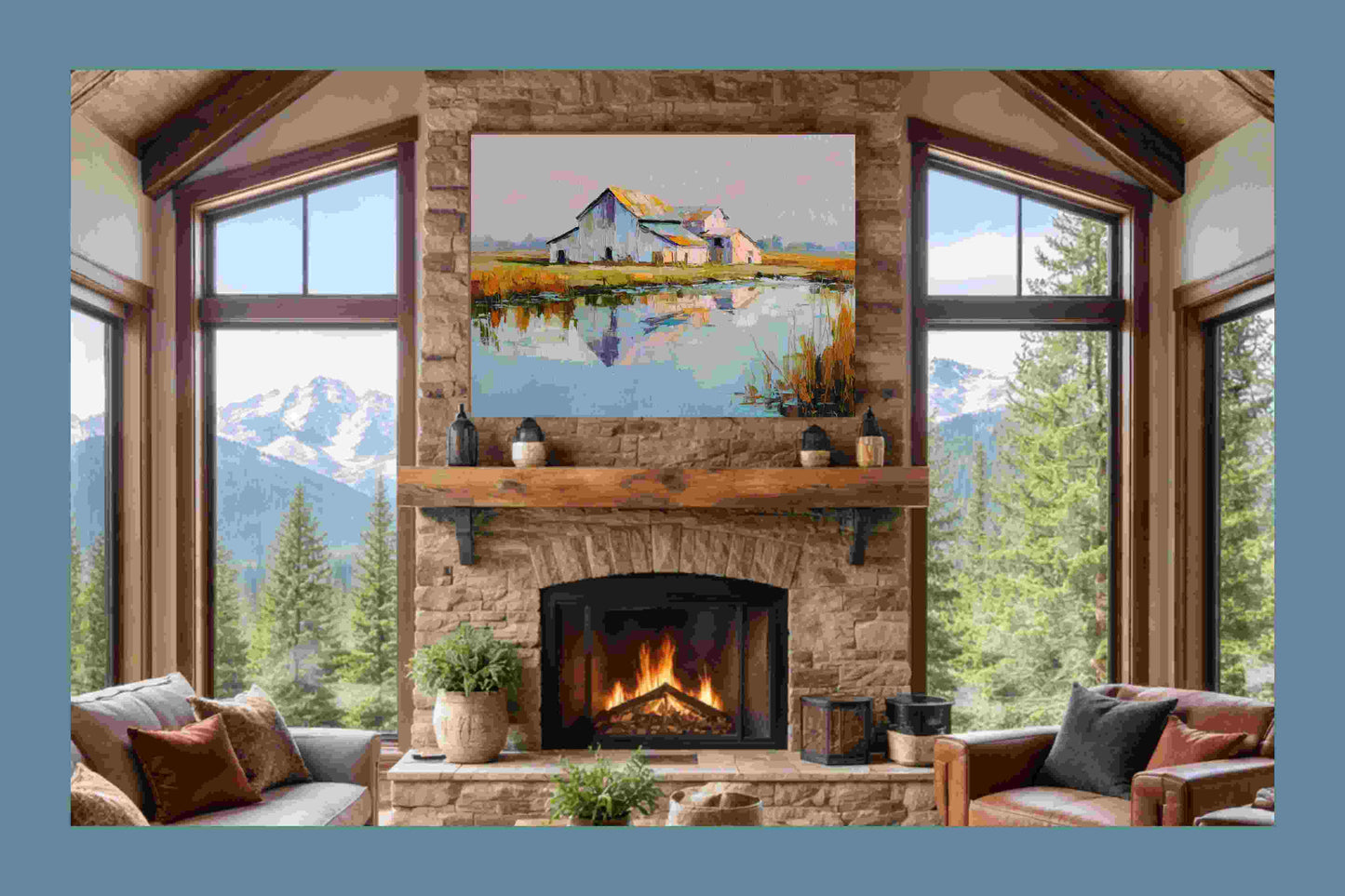 Still Water Farm – Impressionist Barn Reflection Painting, Farmhouse Wall Art, Giclée on Canvas, Wood, Metal & Fine Art Paper