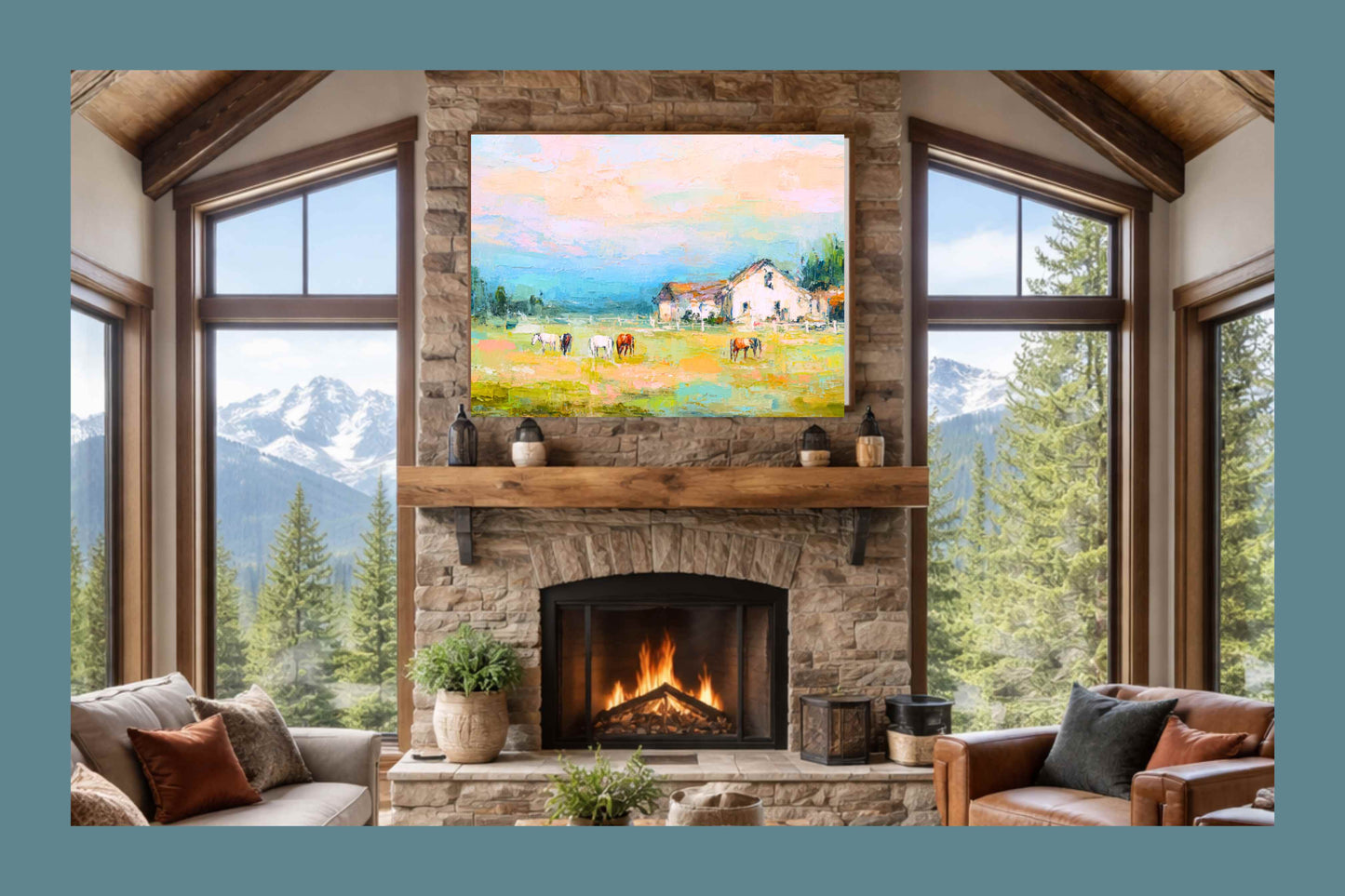Spring Morning Stables – Pastel Impressionist Horse Farm Print, Equestrian Wall Art, Giclée on Canvas, Wood, Metal & Fine Art Paper