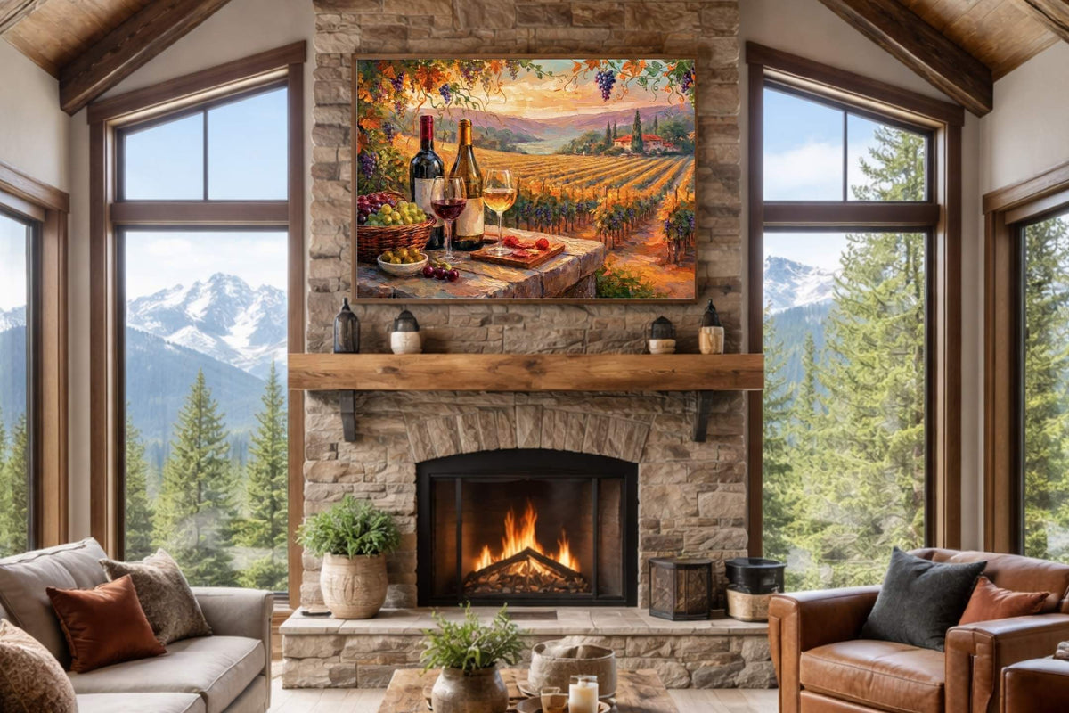 Golden Harvest Vineyard Terrace | Wine Country Sunset Landscape | Impressionist Vineyard Wall Art | Canvas Print | Giclée Paper | Wood & Metal Panels