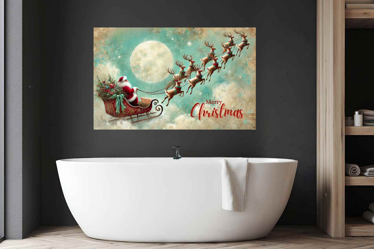 Merry Christmas to All| Santa in his Sleigh Holiday art| Prints and Canvas-Giclee Paper- Wood- Metal