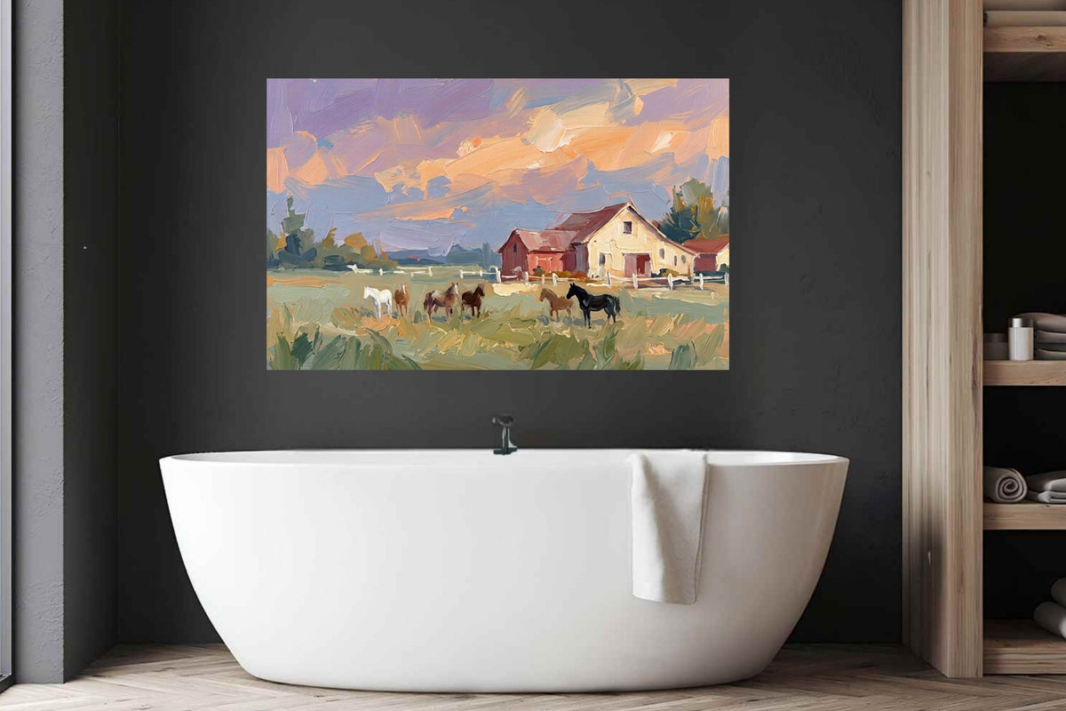 Spring Morning Stables |Pastel Impressionist Print| Horse Farm Print| Equestrian Wall Art| Giclée on Canvas, Wood, Metal, Fine Art Paper