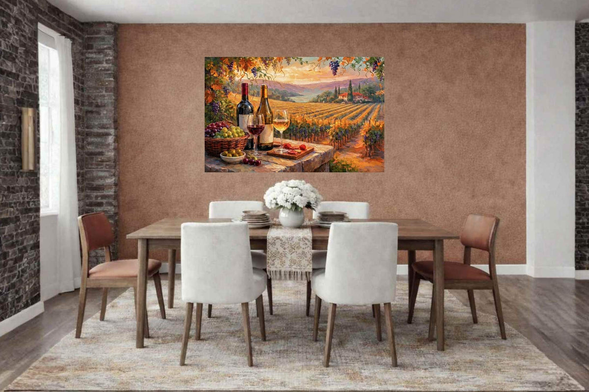 Golden Harvest Vineyard Terrace | Wine Country Sunset Landscape | Impressionist Vineyard Wall Art | Canvas Print | Giclée Paper | Wood & Metal Panels
