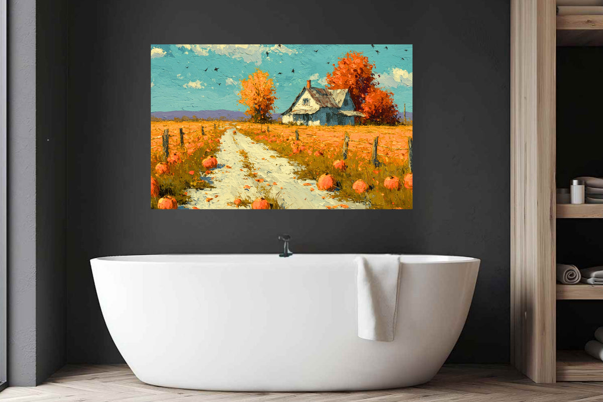 Autumn Farm Road | Fall Farmhouse Landscape Art | Pumpkin Patch Decor | Giclee Paper • Wood • Metal • Canvas