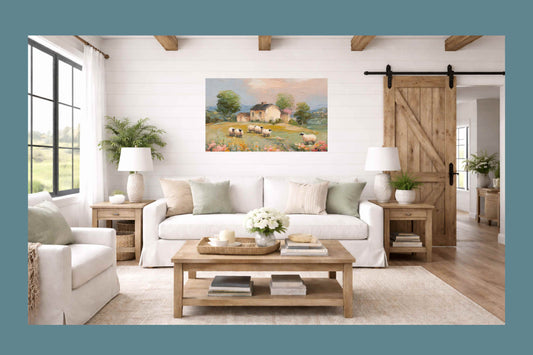 Cotswolds Sheep Farm – Impressionist English Countryside Painting, Sheep & Wildflowers Wall Art, Giclée on Canvas, Wood, Metal & Fine Art Paper