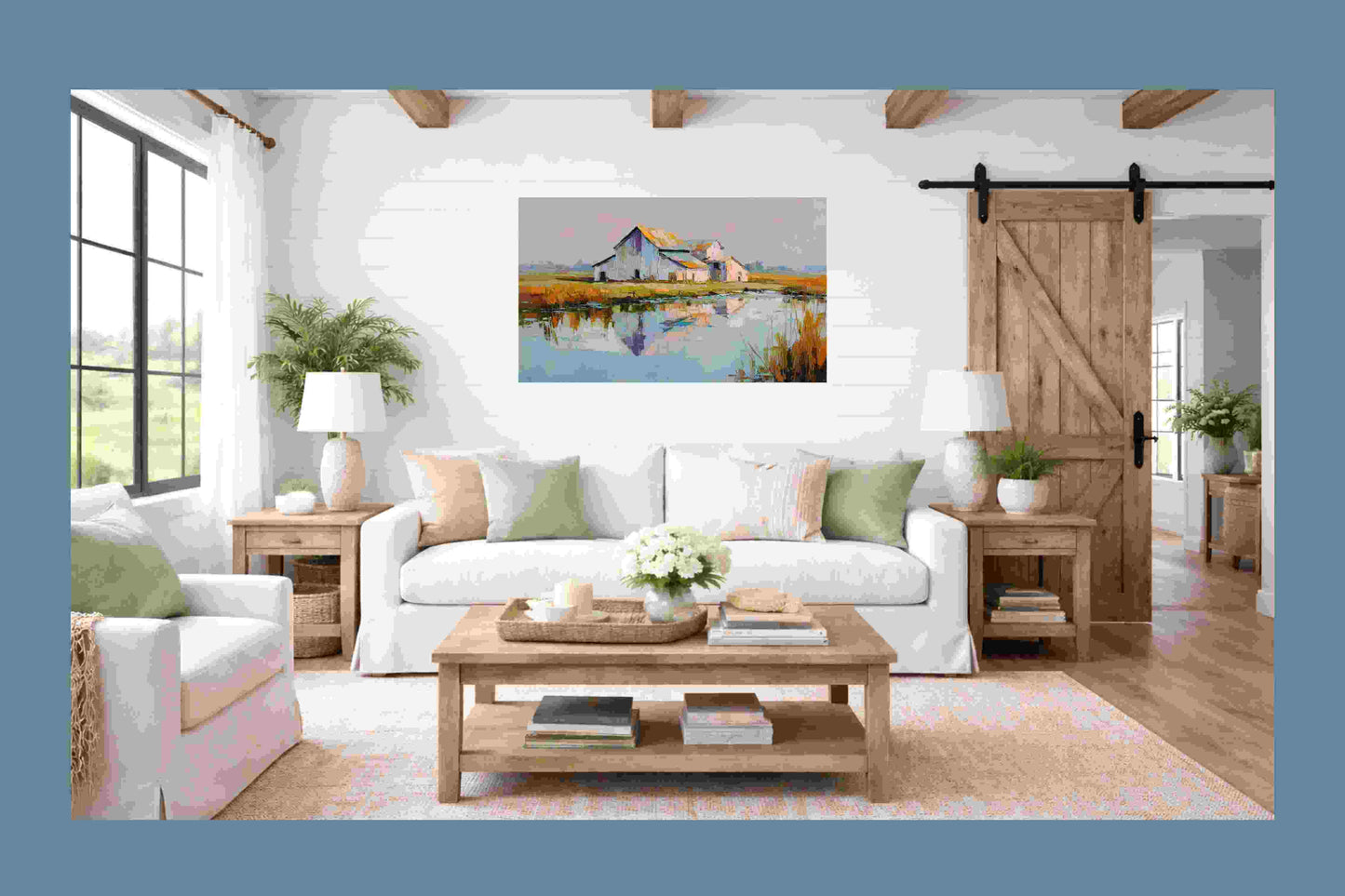 Still Water Farm – Impressionist Barn Reflection Painting, Farmhouse Wall Art, Giclée on Canvas, Wood, Metal & Fine Art Paper