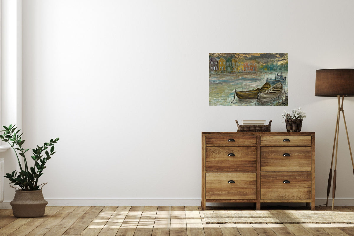 Rainy Harbor Acrylic Fishing boat Impressionist Wall Art | Original Coastal Acrylic Painting| Rainy Harbor (8x10x .5-inch) | Teresa Johnson