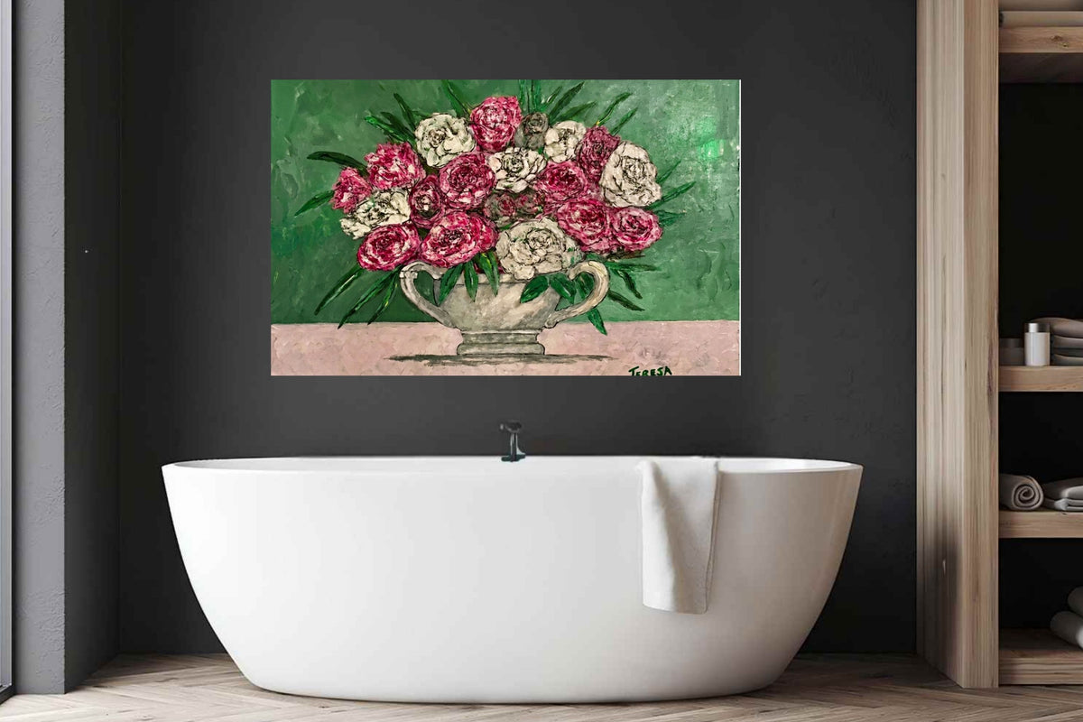 Garden's Best Arrangement | Original Teresa Johnson Floral Painting | Pink & White Roses in Vintage Pitcher | Giclée Paper • Wood • Metal • Canvas