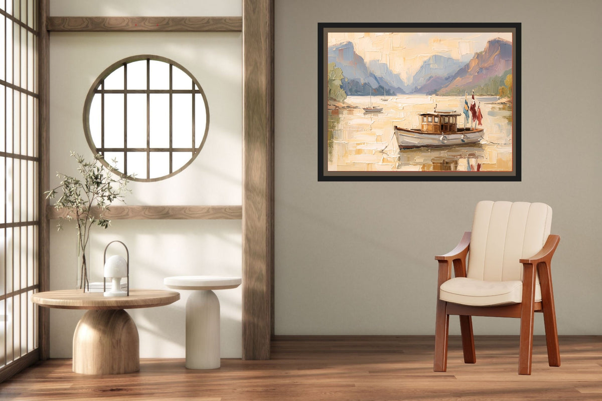Silent Morning | Mountain Lake Boat Art Print | Impressionist Landscape | Coastal Cabin Decor | Giclée on Paper, Canvas, Wood & Metal