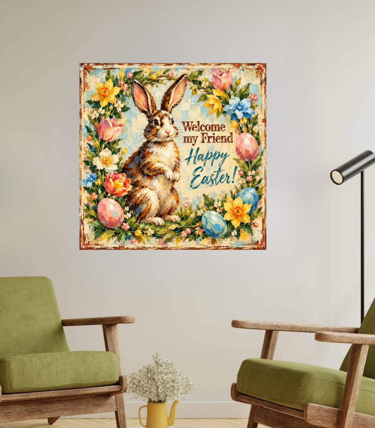 Vintage Welcome My Friend Easter Bunny| Giclee Prints, Canvas, Wood, or Metal Art