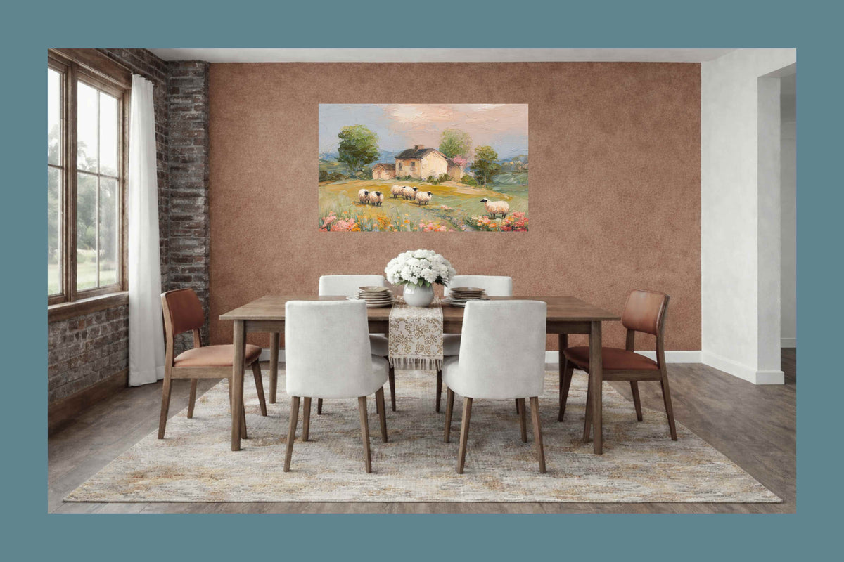 Cotswolds Sheep Farm |Impressionist Print|English Countryside Art| Sheep & Wildflowers Wall Art| Giclée on Canvas, Wood, Metal & Fine Art Paper