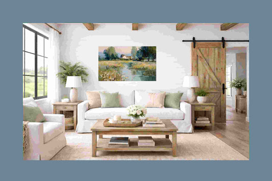 Gentle Waters Cottage – Impressionist Stream and Wildflower Painting, Cottage Garden Wall Art, Giclée on Canvas, Wood, Metal & Fine Art Paper
