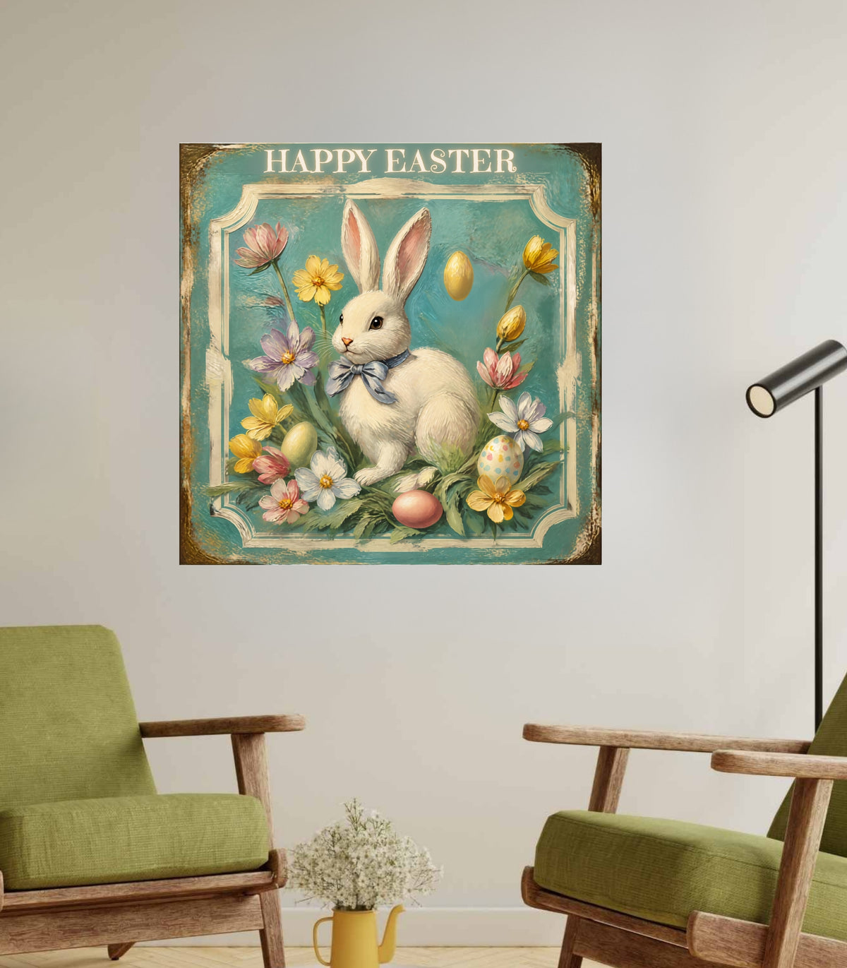Happy Easter Bunny Art| Vintage Style Midcentury Flower Design| Giclee Paper- Wood- Metal- Canvas