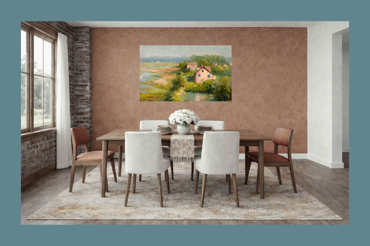 The Pink Cottage – Impressionist Marsh Cottage Painting, Coastal Wall Art, Romantic Cottage Print, Giclée on Canvas, Wood, Metal & Fine Art Paper