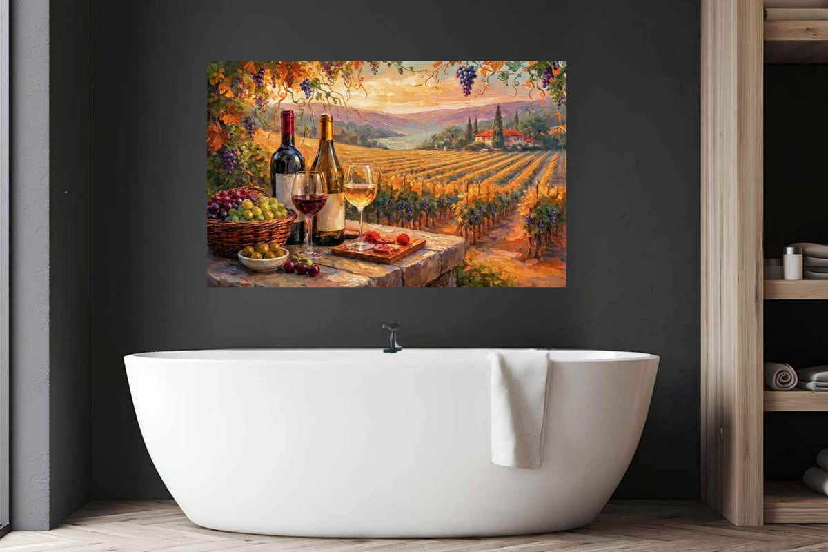 Golden Harvest Vineyard Terrace | Wine Country Sunset Landscape | Impressionist Vineyard Wall Art | Canvas Print | Giclée Paper | Wood & Metal Panels