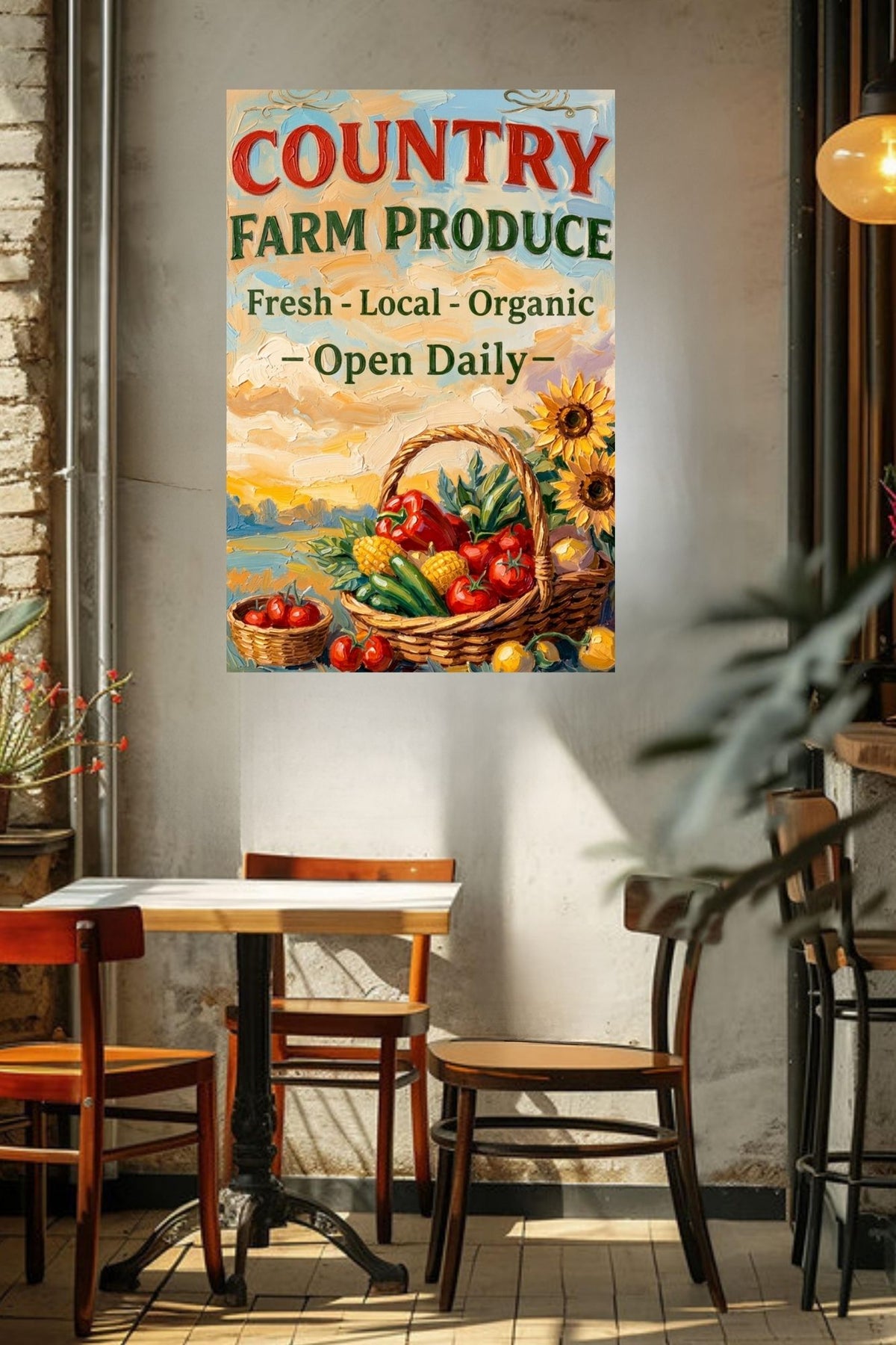Country Farm Produce Sign | Fresh Local Organic Farm Market Wall Art | Rustic Farmhouse Kitchen Decor | Canvas, Wood, Metal &amp; Giclée Print
