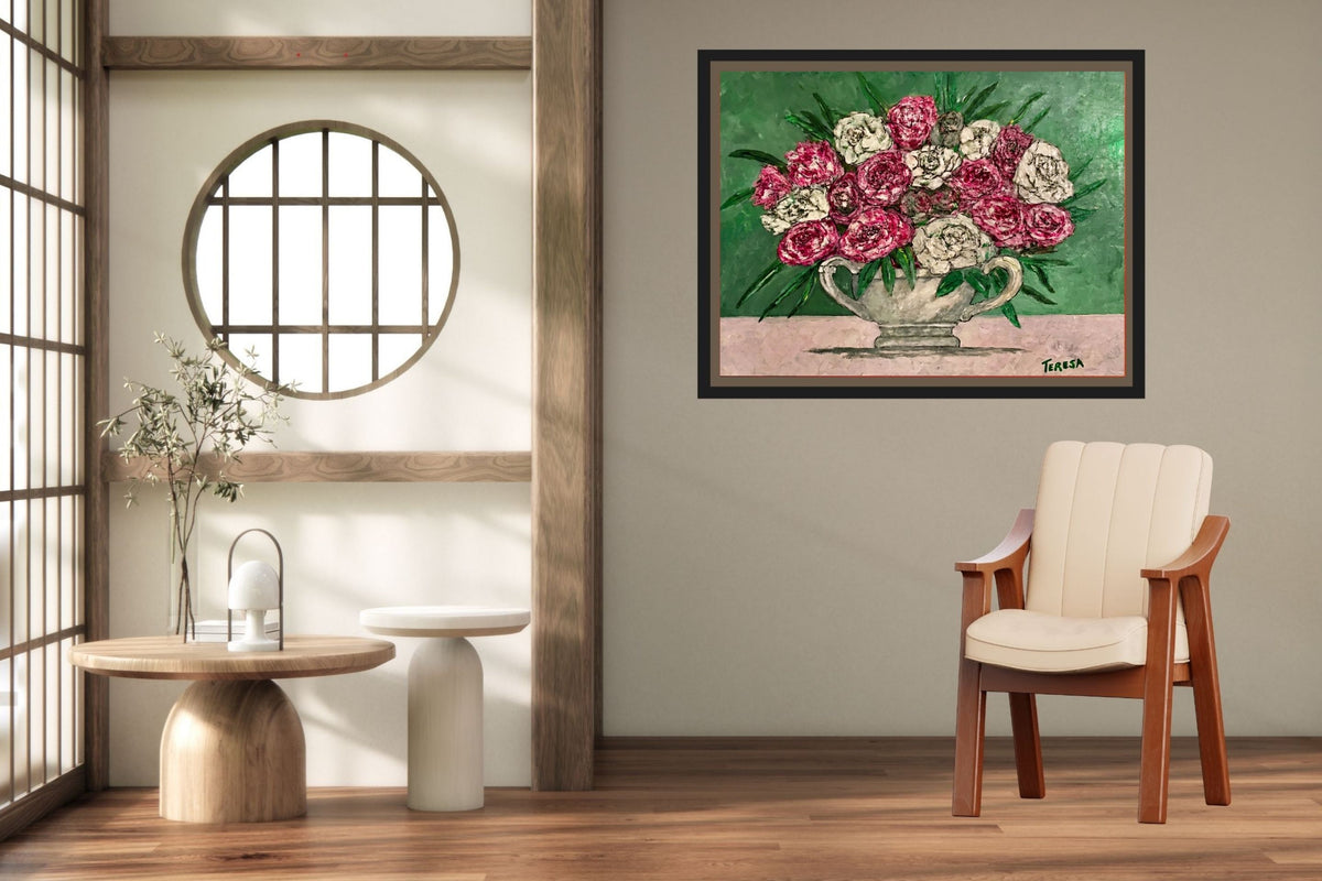 Garden's Best Arrangement | Original Teresa Johnson Floral Painting | Pink & White Roses in Vintage Pitcher | Giclée Paper • Wood • Metal • Canvas