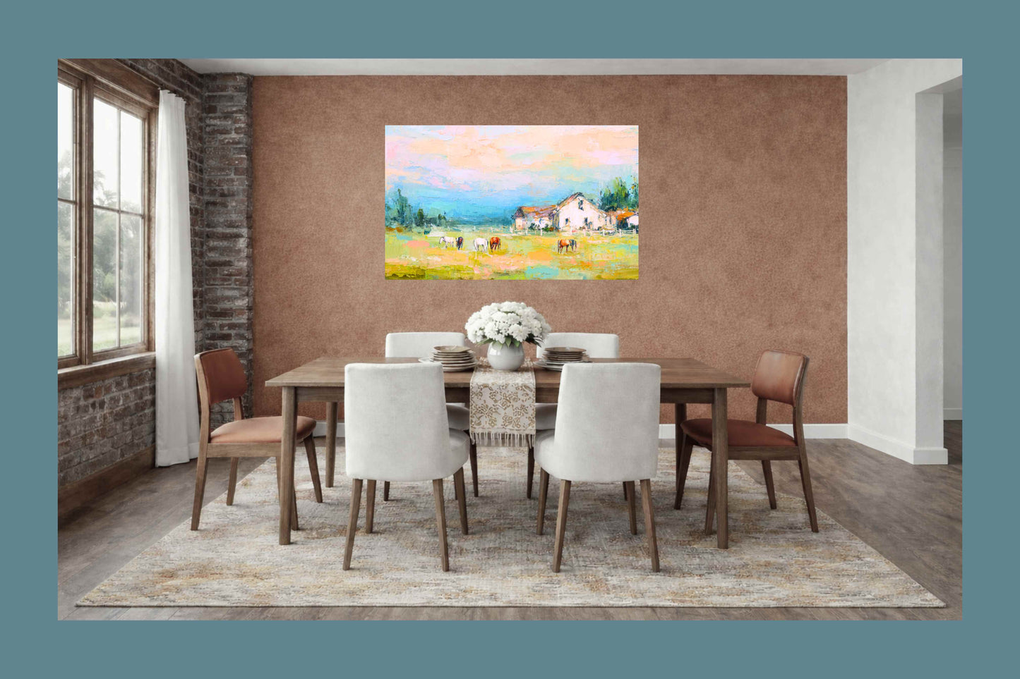 Spring Morning Stables – Pastel Impressionist Horse Farm Print, Equestrian Wall Art, Giclée on Canvas, Wood, Metal & Fine Art Paper