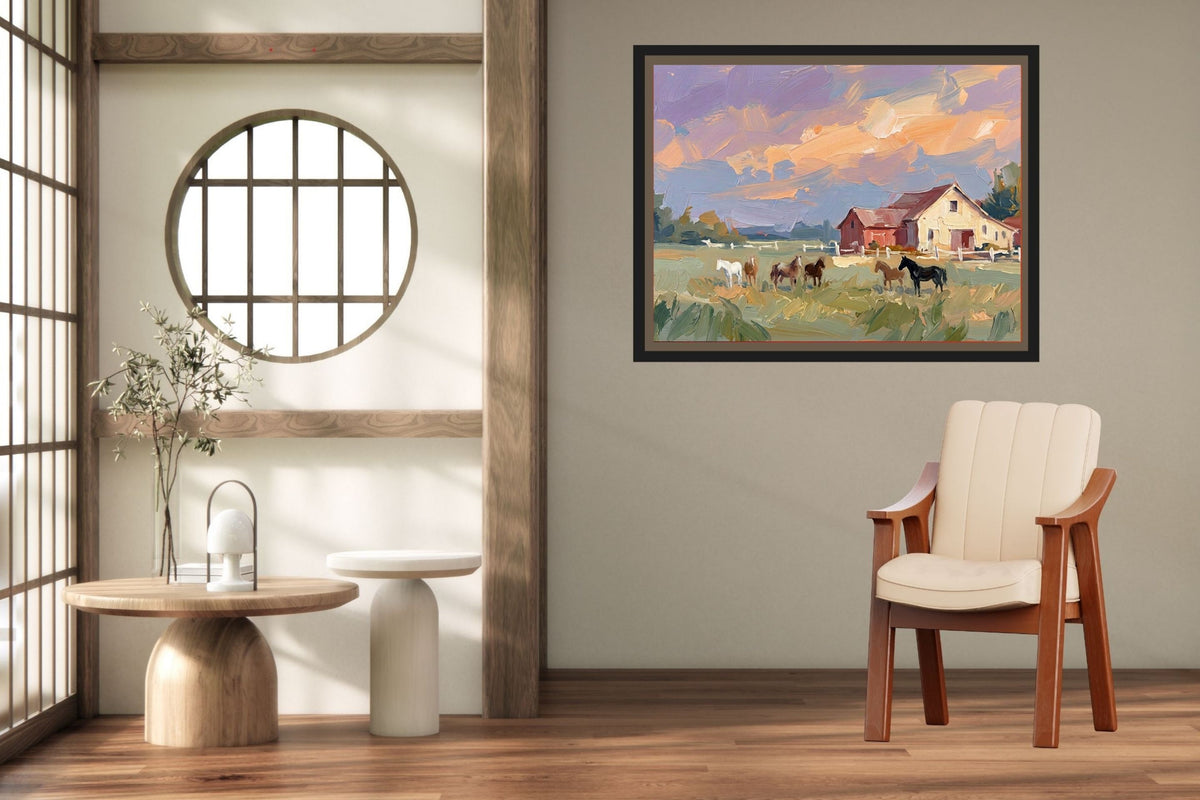 Spring Morning Stables |Pastel Impressionist Print| Horse Farm Print| Equestrian Wall Art| Giclée on Canvas, Wood, Metal, Fine Art Paper