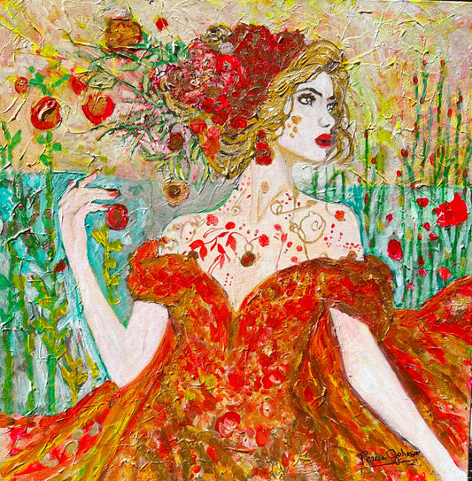 The “Queen of Autumn: Lady Sylvara" 24"x 24" x 1.5" Acrylic textured and varnished painting.