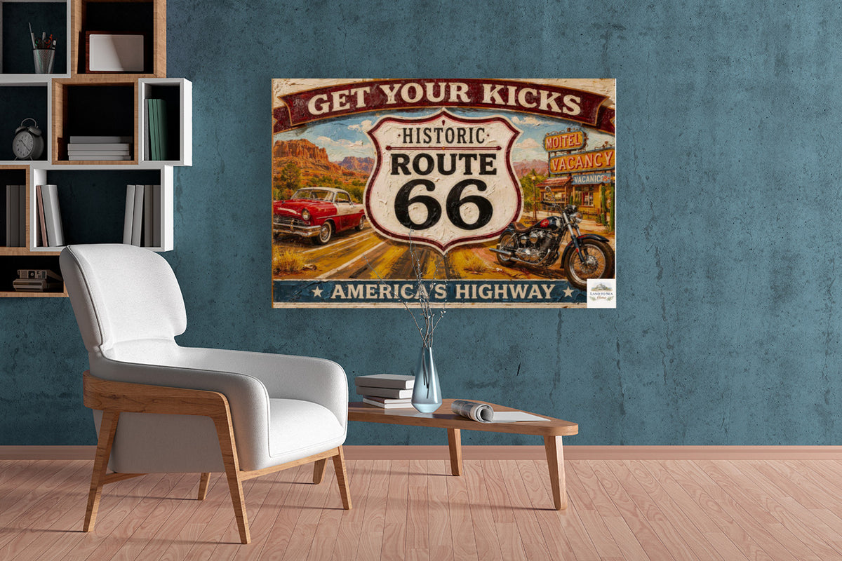 Historical Route 66 Vintage Sign| Prints, Canvas, Wood, or Metal Art