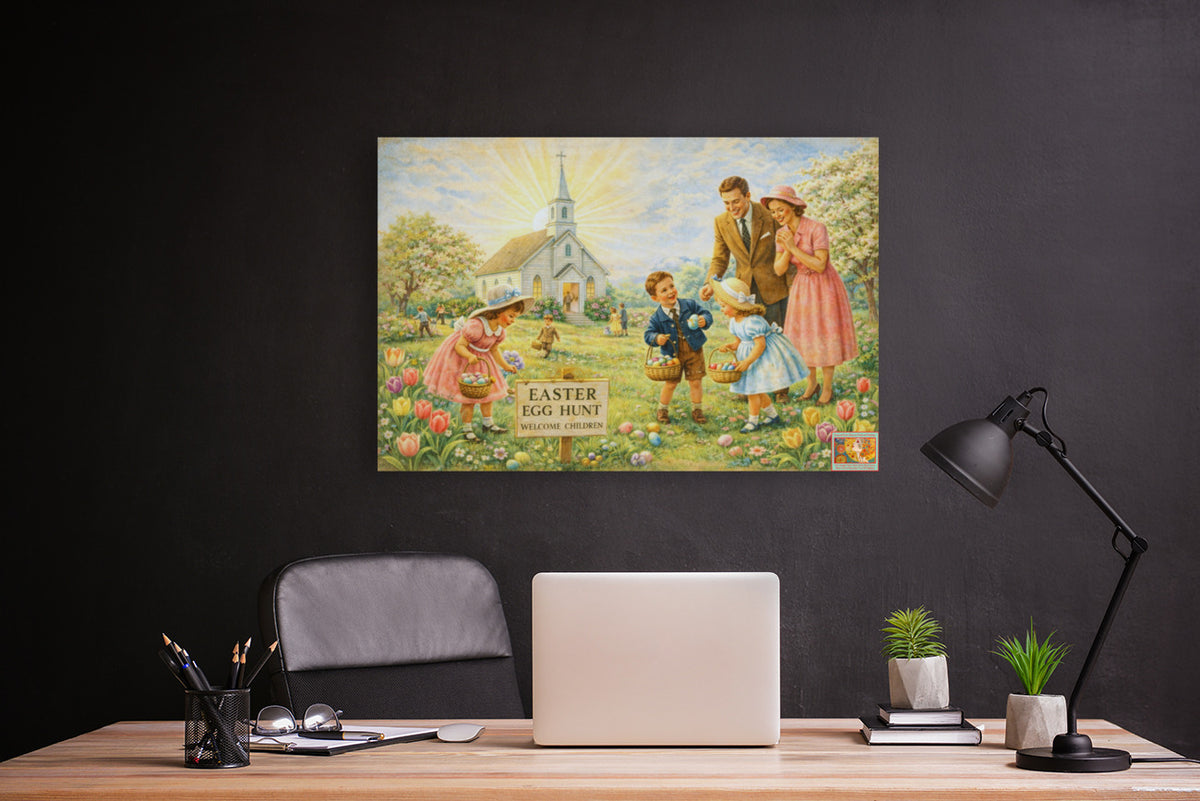 Easter Egg Hunt At the Country Church | Giclee Paper, Prints, Canvas, Wood, or Metal Art