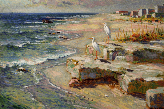 Coastal Herons – Impressionist Beach Painting, Shorebirds at the Surf, Coastal Wall Art, Giclée on Canvas, Wood, Metal & Fine Art Paper