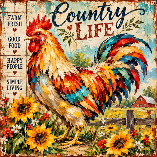 Country Life Rooster | Farm Fresh Country Kitchen Art | Giclée Paper • Wood • Metal • Canvas