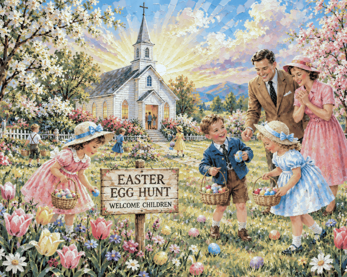 Easter Egg Hunt At the Country Church | Giclee Paper, Prints, Canvas, Wood, or Metal Art