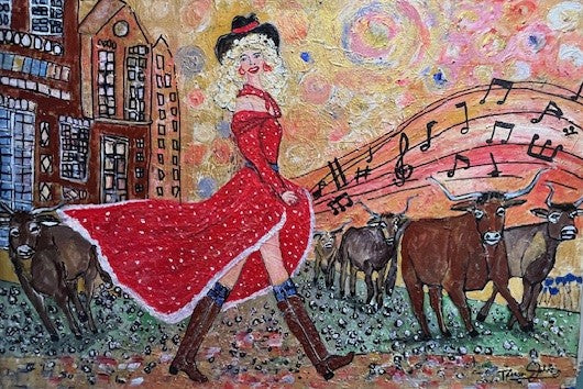 Impressionist whimsical western art – Original Acrylic Painting | The Singing Cowgirl (36 x24x 1.5 inch) Cow painting| Teresa Johnson